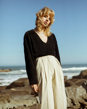 Load image into Gallery viewer, model wearing a black, velvet, v-neck crop jersey